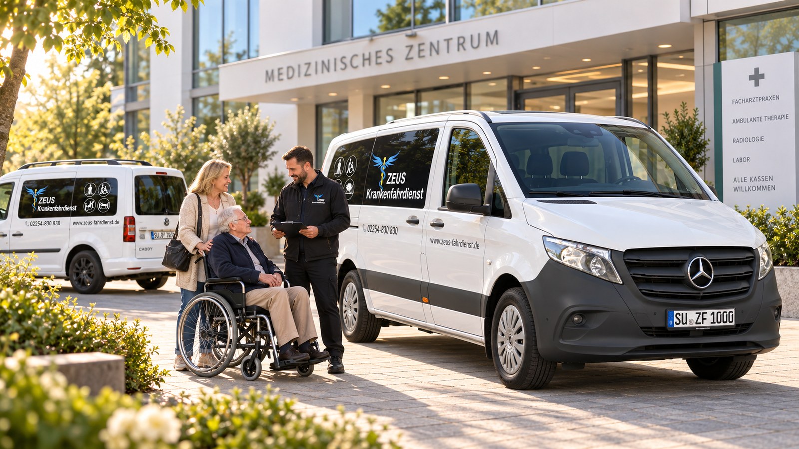 Mitarbeiter des ZEUS Krankenfahrdienst berät eine Angehörige und einen Rollstuhlfahrer vor einem medizinischen Zentrum, daneben der Mercedes-Benz Vito