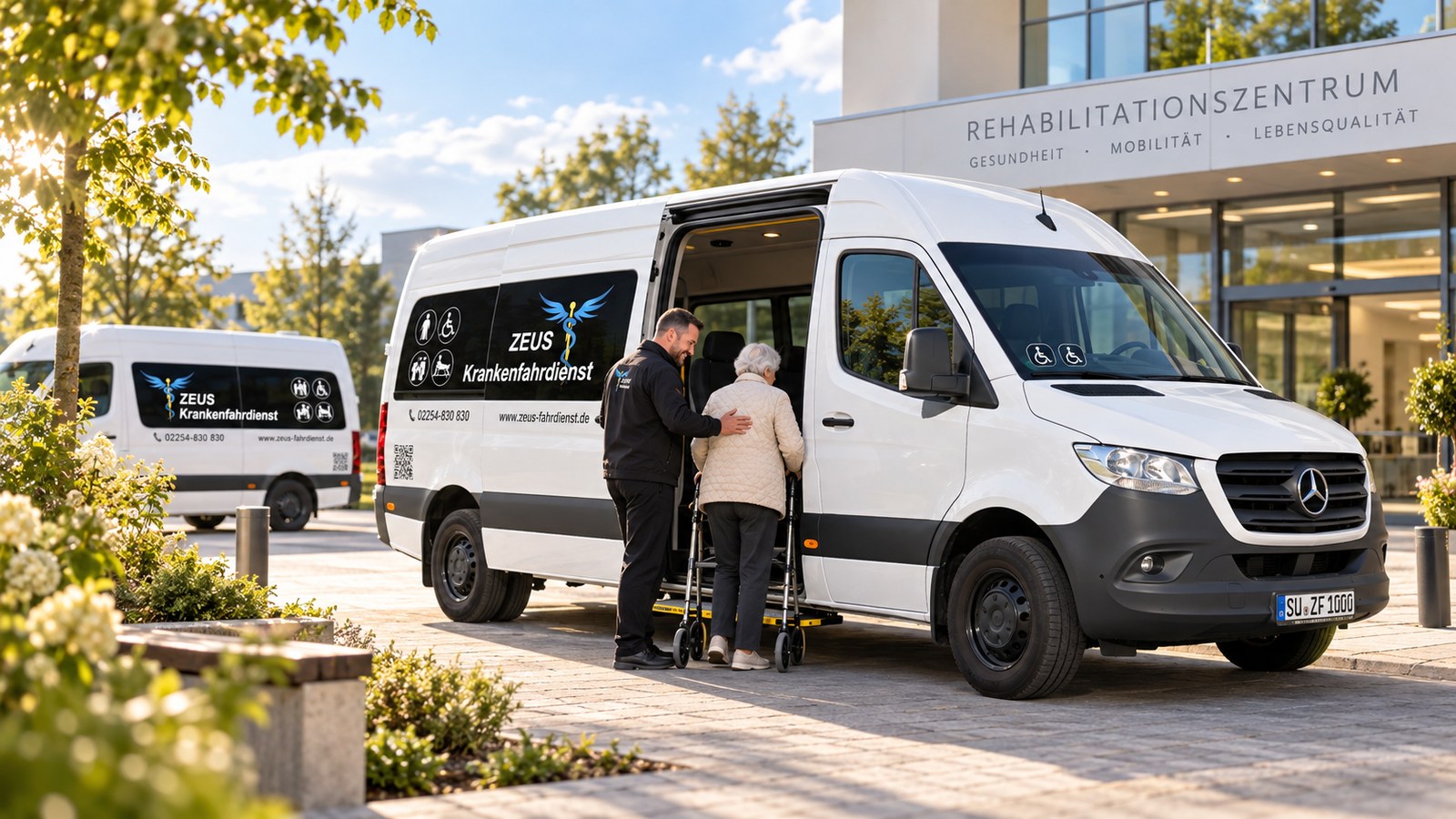 Fahrer des ZEUS Krankenfahrdienst hilft einer älteren Dame mit Rollator beim Einstieg in den Mercedes-Benz Sprinter vor einem Rehabilitationszentrum