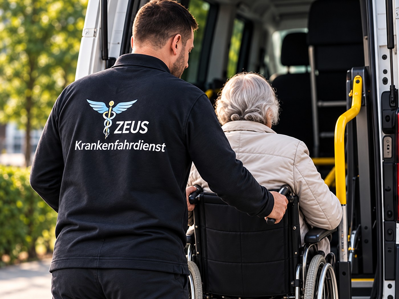Mitarbeiter des ZEUS Krankenfahrdienst begleitet eine Rollstuhlfahrerin zur Hebebühne des Fahrzeugs